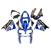 Kawasaki ZX-9R 2000-2001 Black Blue White Raindrop full fairing kit component layout with logos