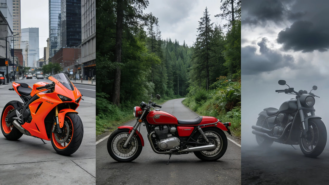 Three motorcycles showing color contrast in different environments: orange bike in a grey city, red bike in a green forest, and a grey bike blending into a cloudy sky.