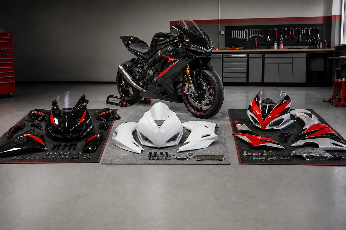 Aftermarket motorcycle fairing kits compared in a workshop with ABS street fairings, race bodywork, custom painted panels, and mounting hardware
