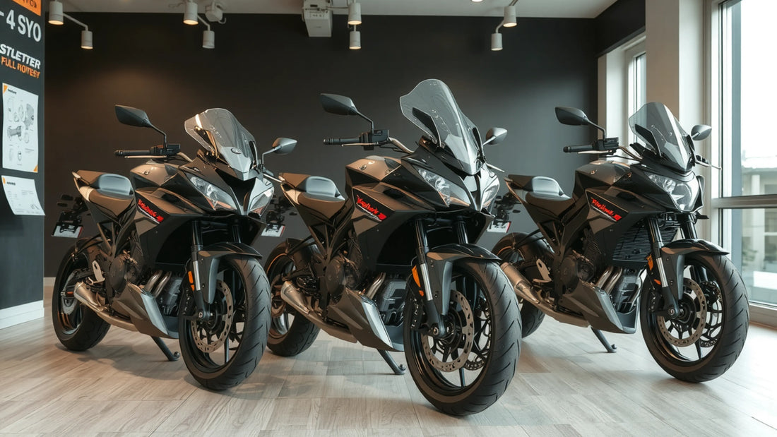 Different types of motorcycle fairings displayed showing full, half, and quarter fairing designs