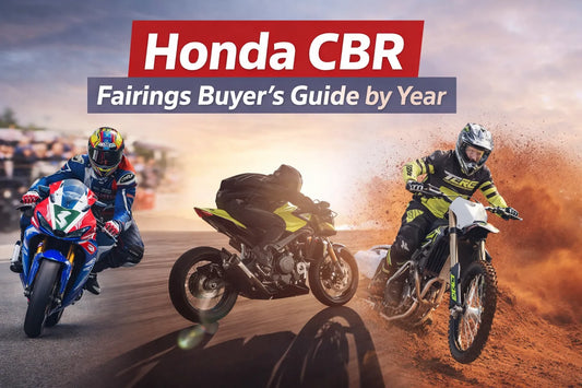 Honda CBR fairings buyer guide by year featuring sportbike, street bike, and off-road motorcycle riding scenes in a dynamic environment