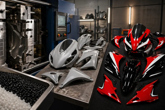 Motorcycle fairing manufacturing process from ABS plastic to painted fairing kit