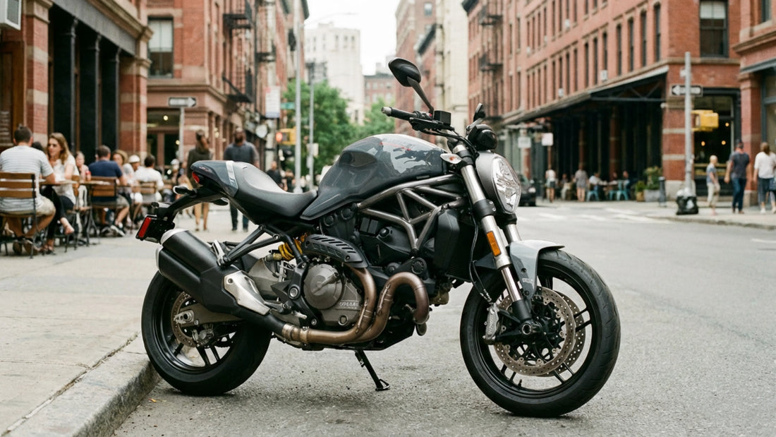 Naked street motorcycle in an urban environment showing exposed engine and no fairings