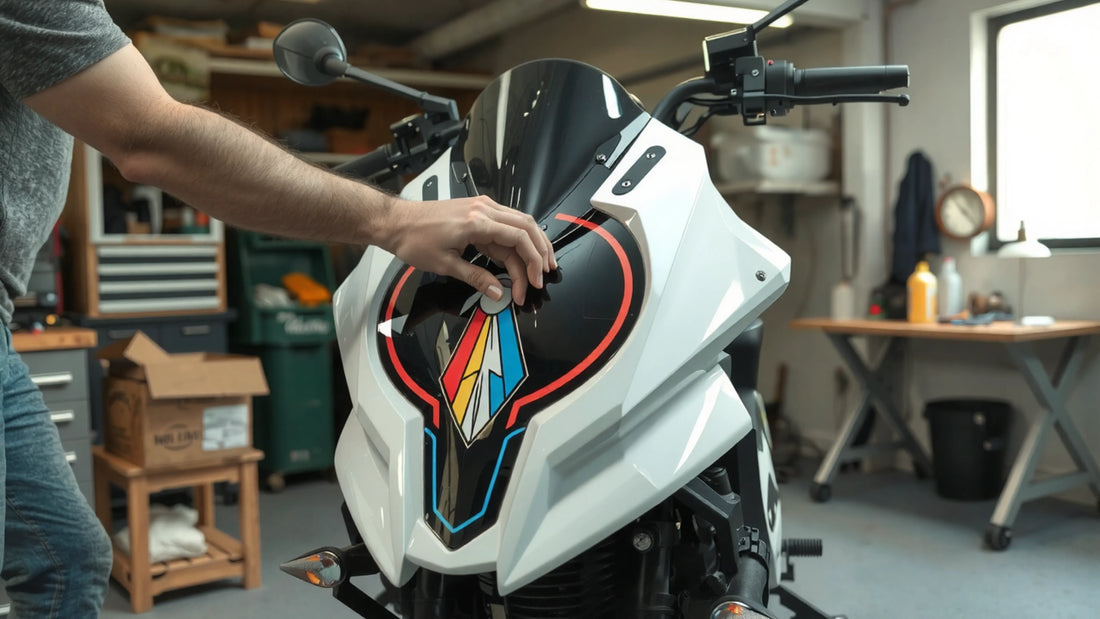 Person applying colorful decals to motorcycle fairing using squeegee tool for smooth application
