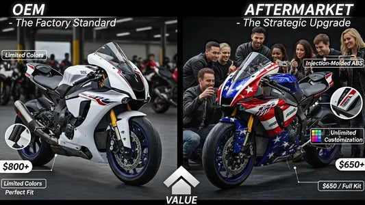 Comparison of OEM motorcycle fairings vs high-quality aftermarket fairings showing differences in style, price, and customization options.