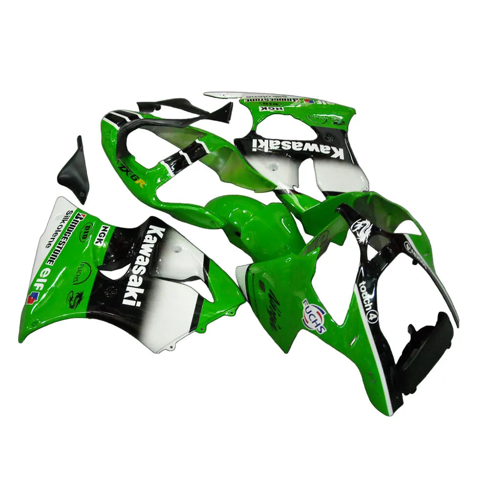 Kawasaki ZX-6R / 636 2000-2002 Black, Green, and White fairing kit left side view