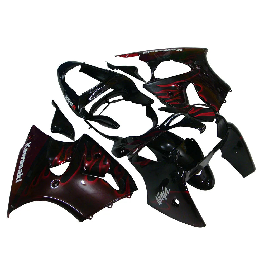 Kawasaki ZX-6R / 636 2000-2002 Black with Red Flames full fairing kit set view