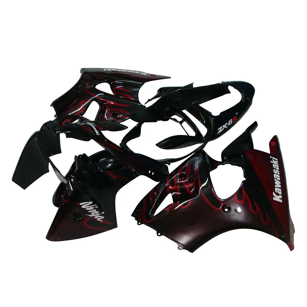 Kawasaki ZX-6R / 636 2000-2002 Black with Red Flames fairing kit left side view