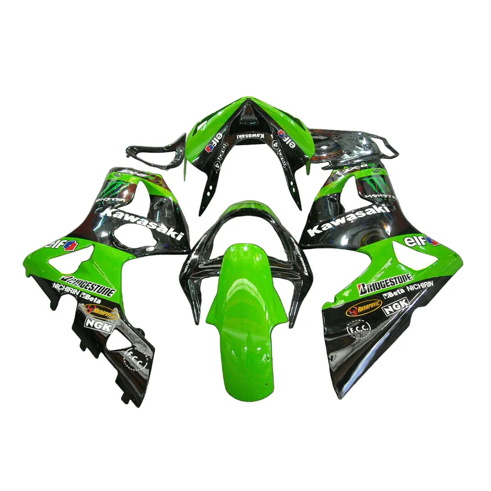 Kawasaki ZX-6R / 636 2003-2004 Green and Black with Logos full fairing kit set view