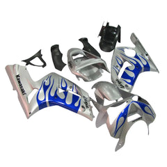 Kawasaki ZX-6R / 636 2003-2004 Silver, Blue, and Flame fairing kit front view
