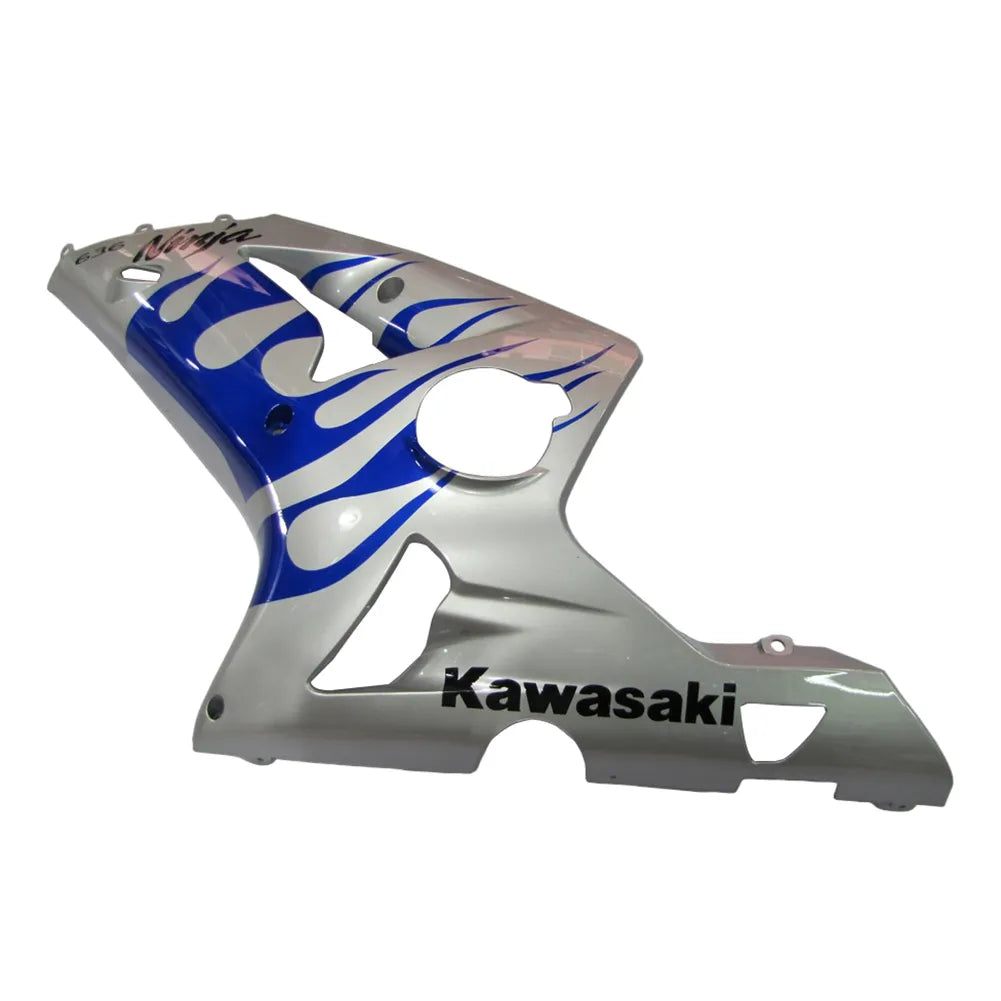 Kawasaki ZX-6R / 636 2003-2004 Silver, Blue, and Flame fairing kit left side view