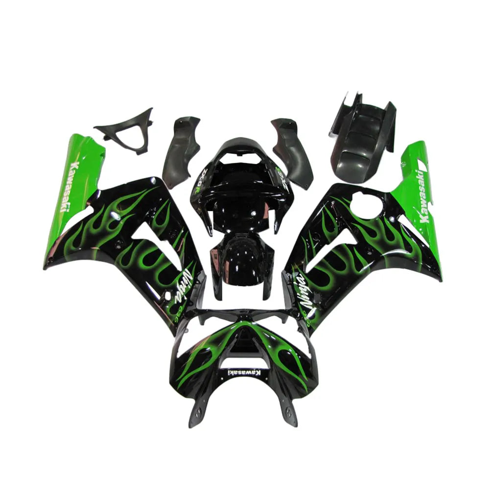 Kawasaki ZX-6R / 636 2003-2004 Black, Green, and Flame full fairing kit set view