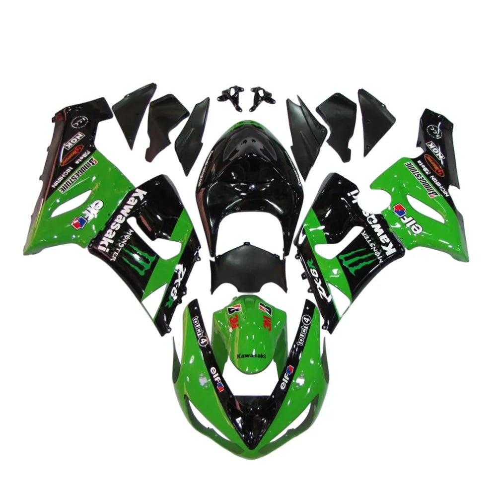 Kawasaki ZX-6R / 636 2005-2006 Green, Black, and Green Monster Edition B full fairing kit set view