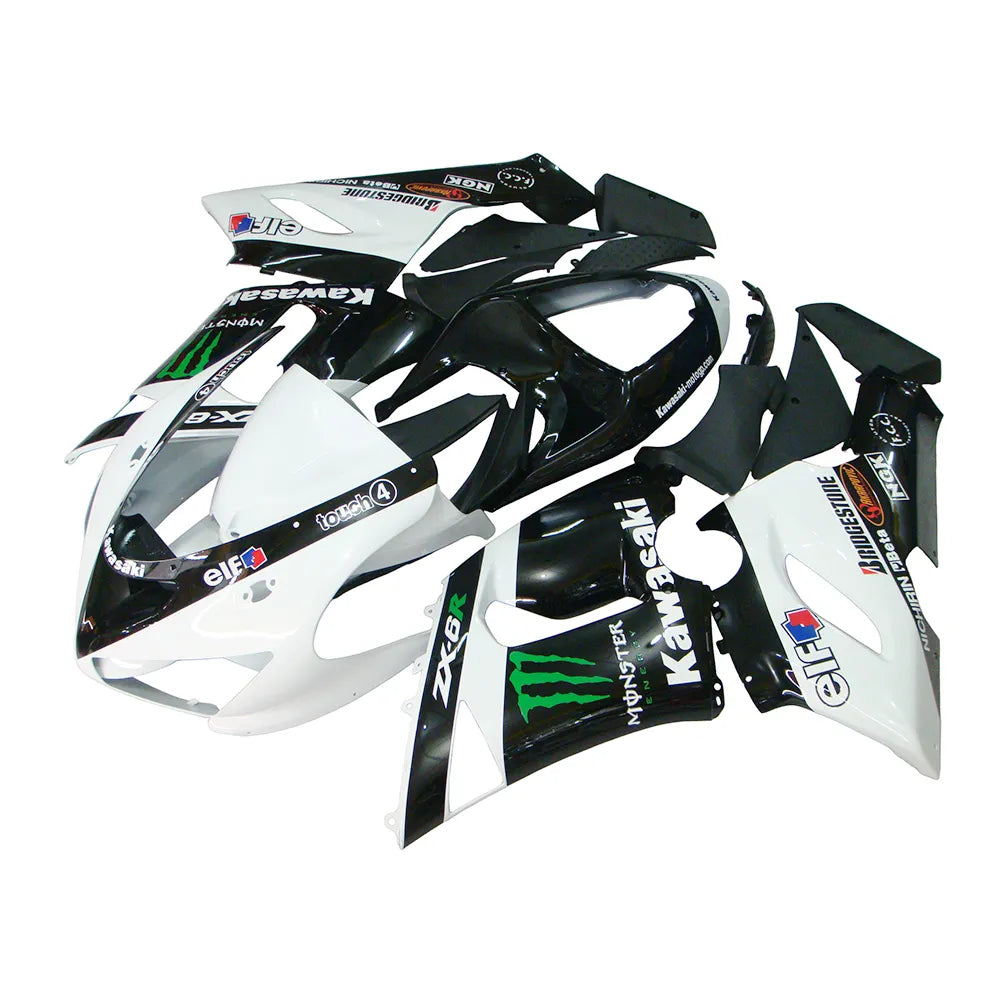 Kawasaki ZX-6R / 636 2005-2006 Black, White, and Green Monster Edition with Logos fairing kit left side view