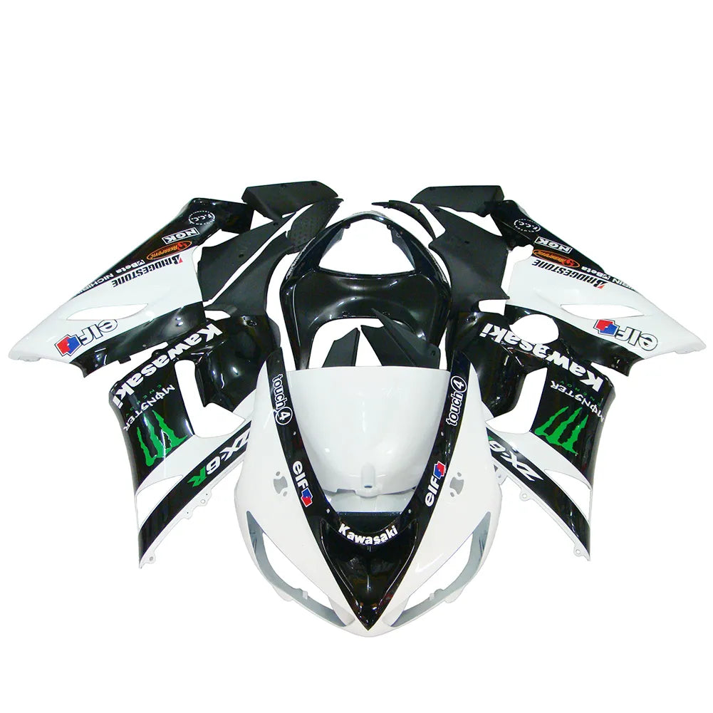 Kawasaki ZX-6R / 636 2005-2006 Black, White, and Green Monster Edition with Logos fairing kit front view