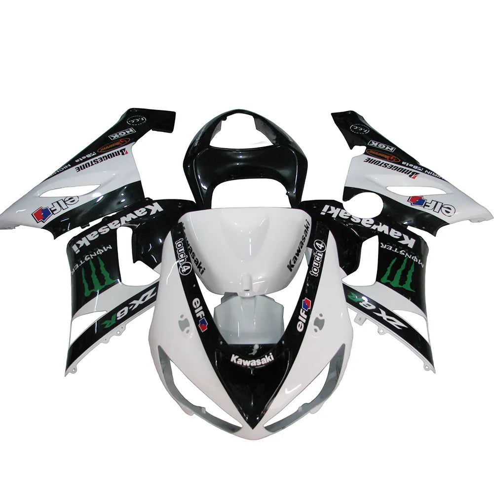 Kawasaki ZX-6R / 636 2005-2006 Black, White, and Green Monster Edition with Logos tail section fairing rear view