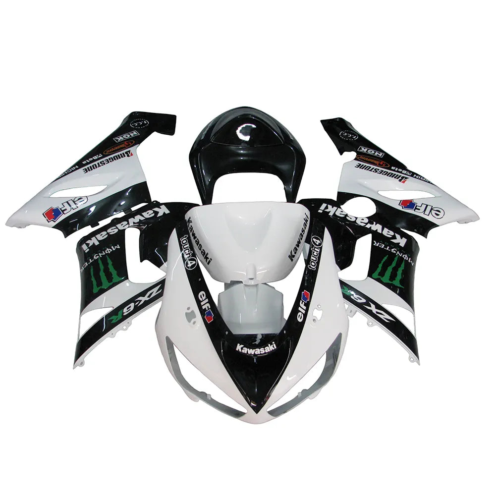 Kawasaki ZX-6R / 636 2005-2006 Black, White, and Green Monster Edition with Logos tail section fairing side view