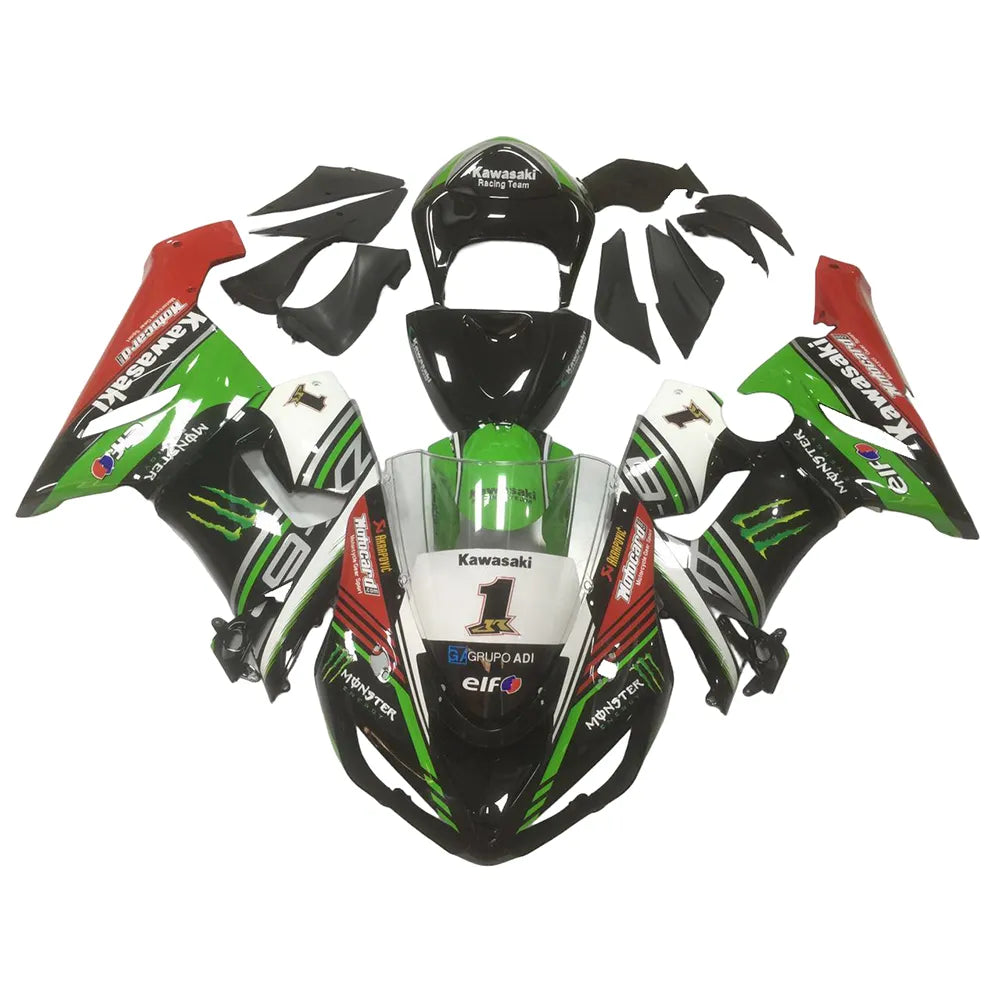 Kawasaki ZX-6R / 636 2005-2006 Black, Red, and Green Monster Edition fairing kit front view