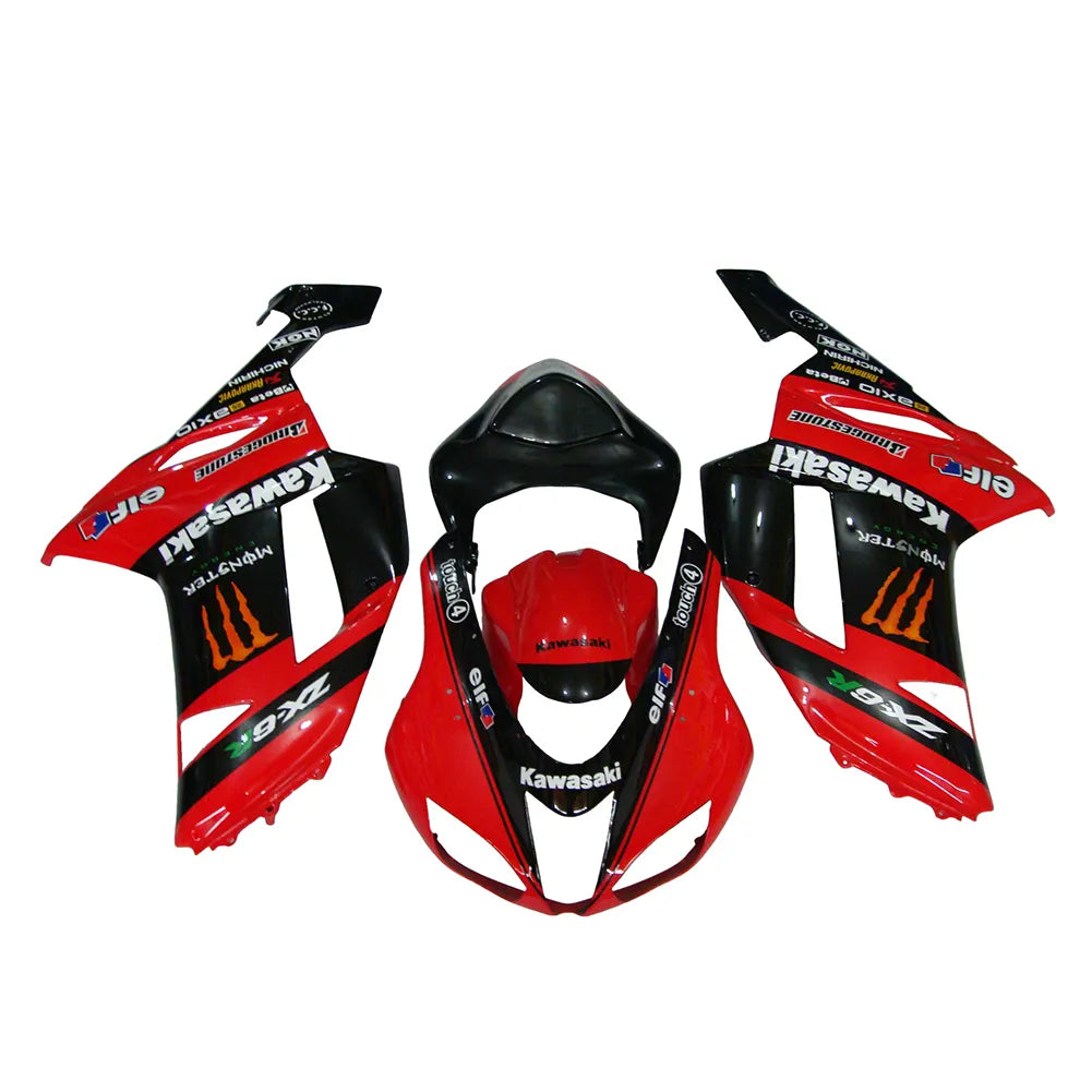 Kawasaki ZX-6R / 636 2007-2008 Black, Red, and Orange Monster Edition full fairing kit set view