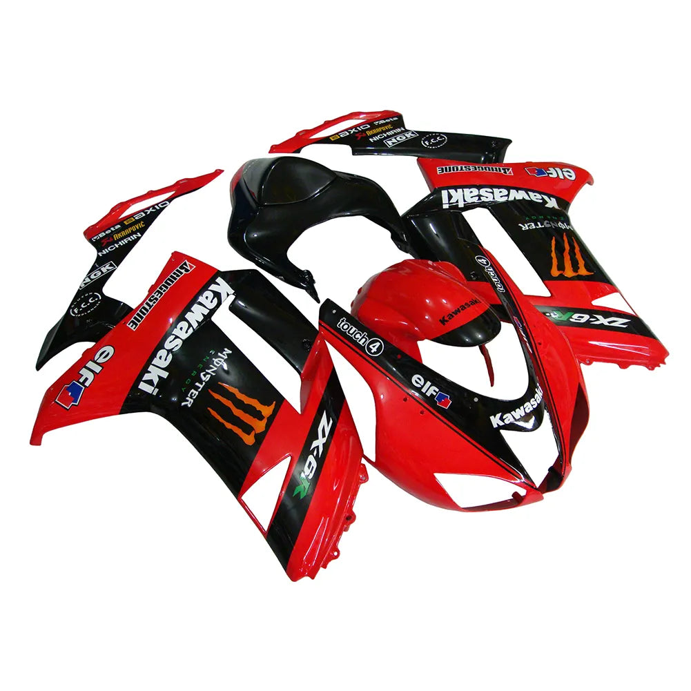 Kawasaki ZX-6R / 636 2007-2008 Black, Red, and Orange Monster Edition tail section fairing side view