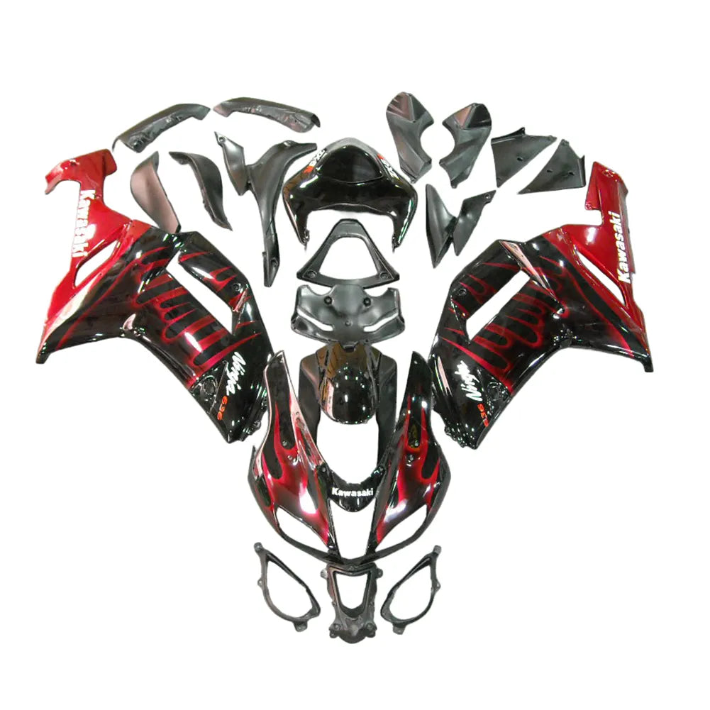 Kawasaki ZX-6R / 636 2007-2008 Black and Red Flame A with Logos full fairing kit set view