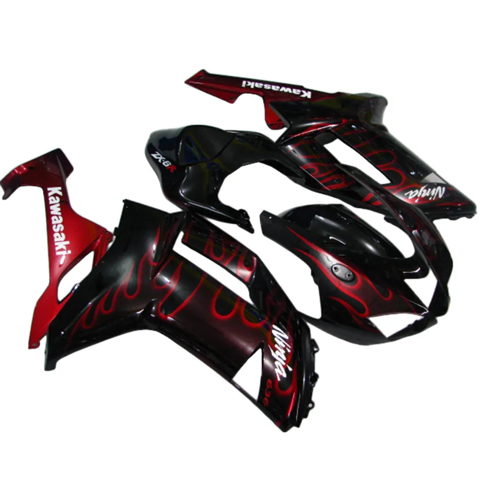 Kawasaki ZX-6R / 636 2007-2008 Black and Red Flame B with Logos full fairing kit set view