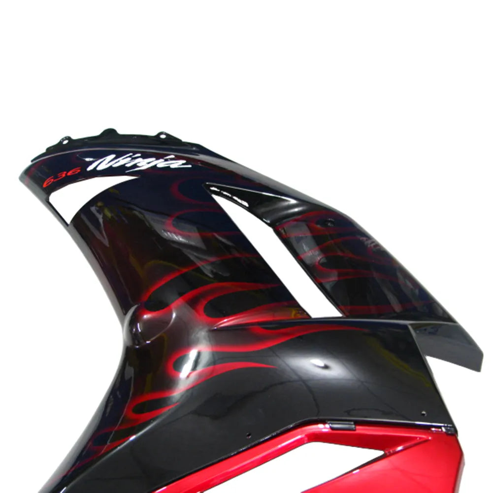 Kawasaki ZX-6R / 636 2007-2008 Black and Red Flame B with Logos tail section fairing detail view 2