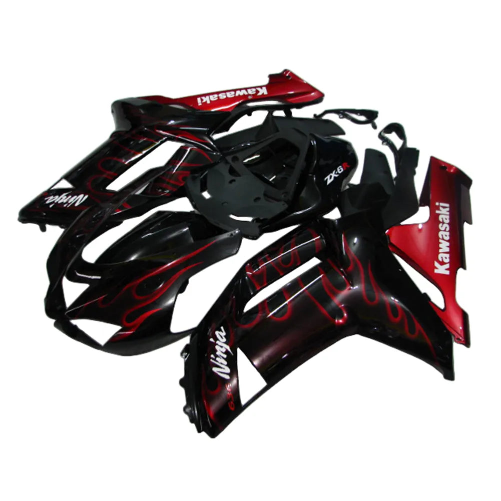 Kawasaki ZX-6R / 636 2007-2008 Black and Red Flame B with Logos tail section fairing rear view