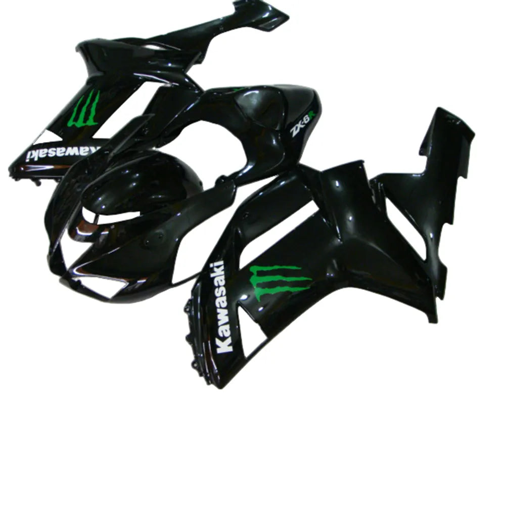 Kawasaki ZX-6R / 636 2007-2008 Black and Green Monster Edition with Logos full fairing kit set view