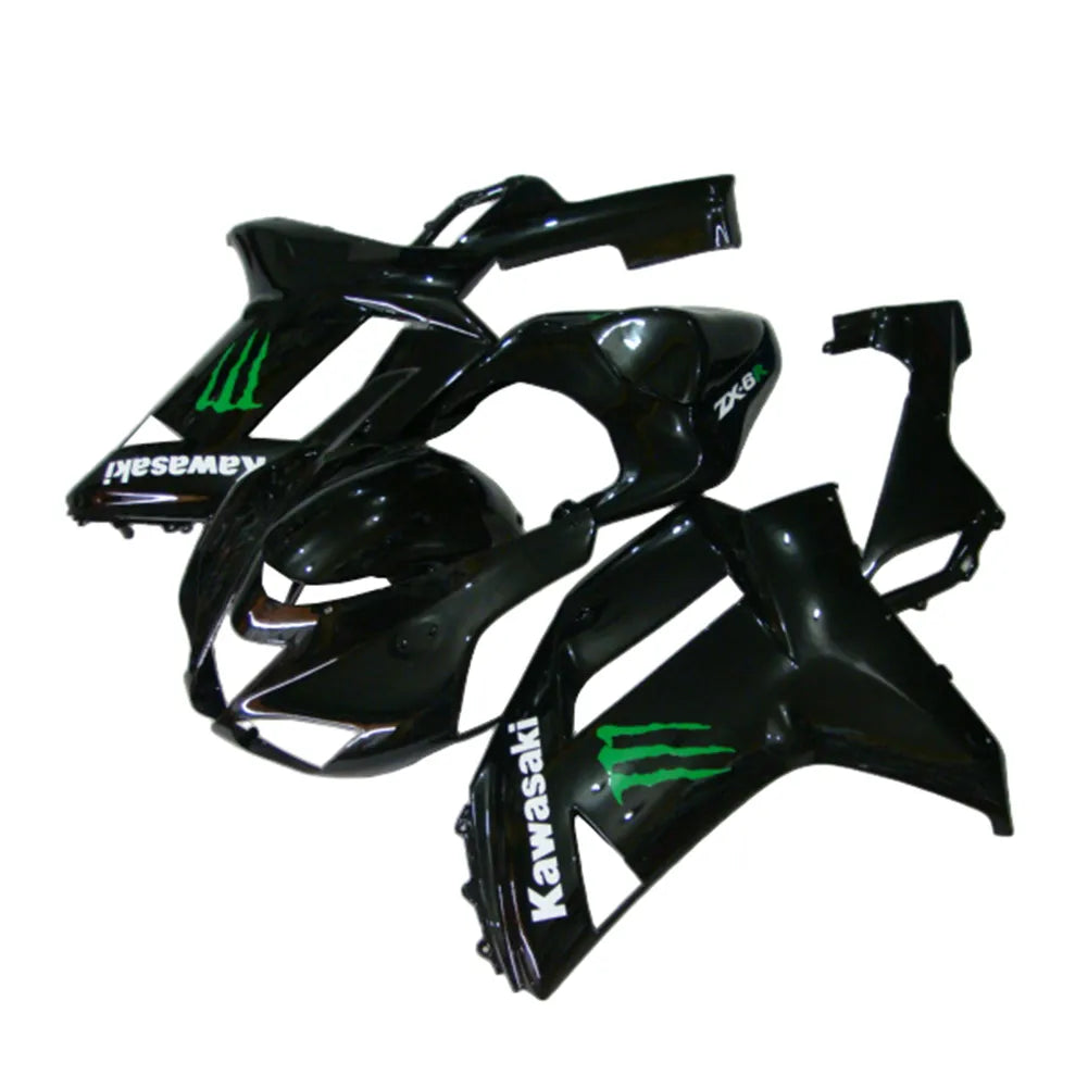 Kawasaki ZX-6R / 636 2007-2008 Black and Green Monster Edition with Logos tail section fairing side view