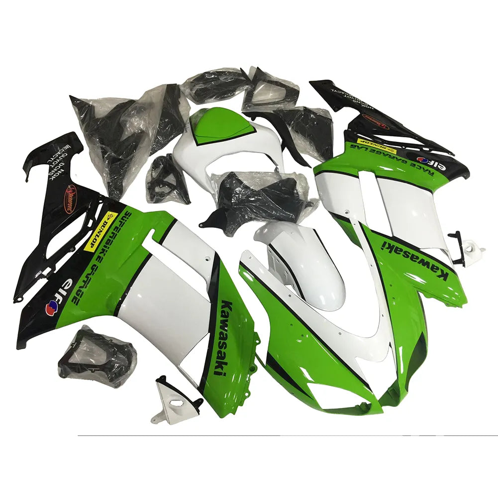 Kawasaki ZX-6R / 636 2007-2008 Green, White, and Black with Logos full fairing kit set view