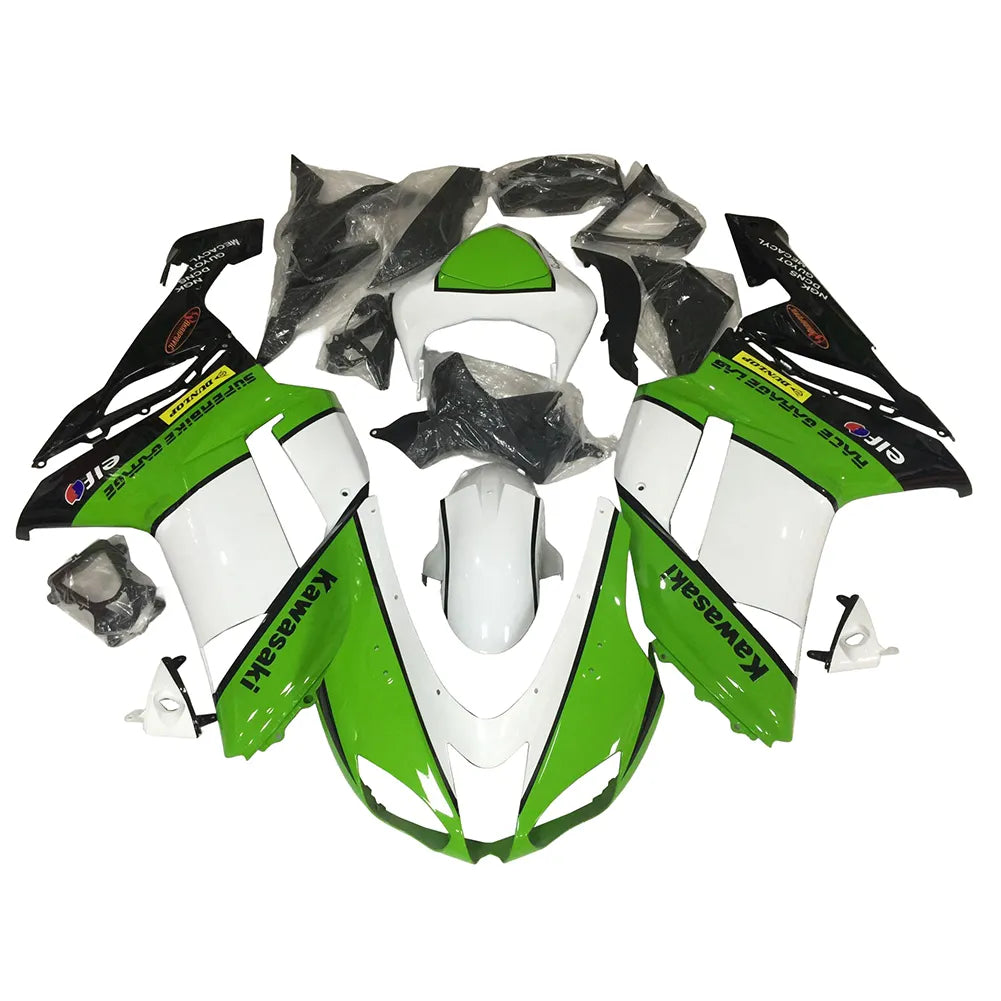 Kawasaki ZX-6R / 636 2007-2008 Green, White, and Black with Logos fairing kit front view