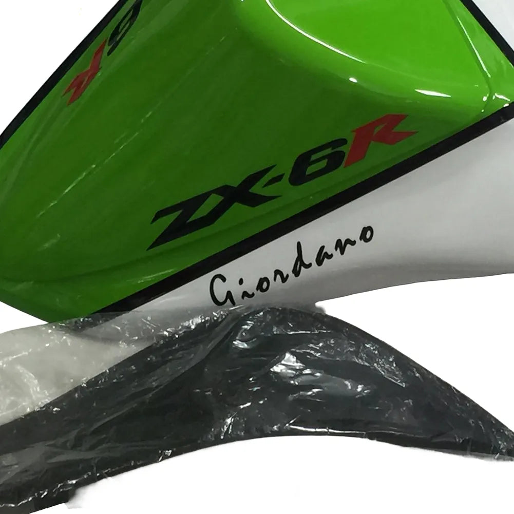 Kawasaki ZX-6R / 636 2007-2008 Green, White, and Black with Logos tail section fairing rear view