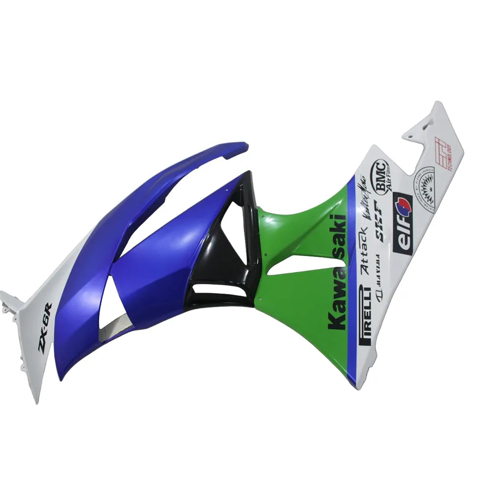 Kawasaki ZX-6R / 636 2009-2012 Blue, White, Green, and Black tail section fairing rear view