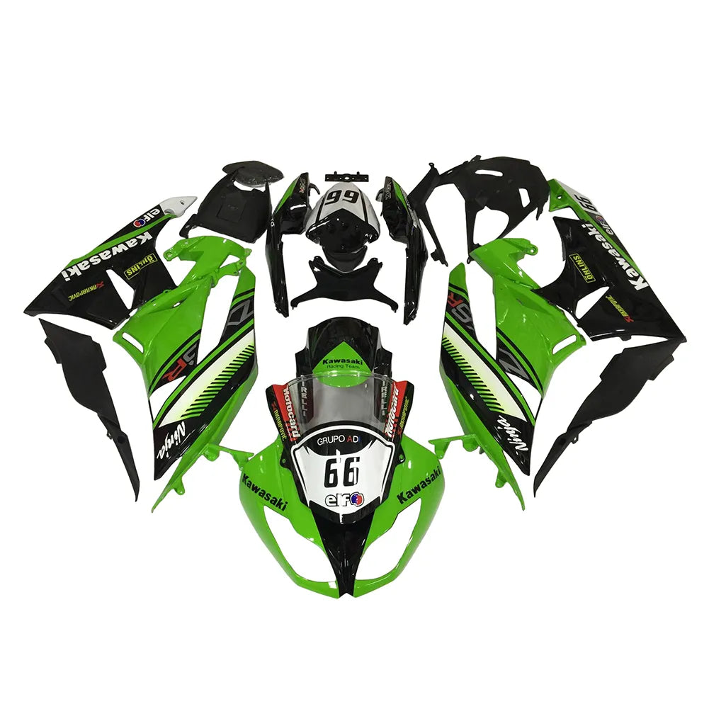 Kawasaki ZX-6R / 636 2009-2012 Green, White, and Black No 66 fairing kit left side view