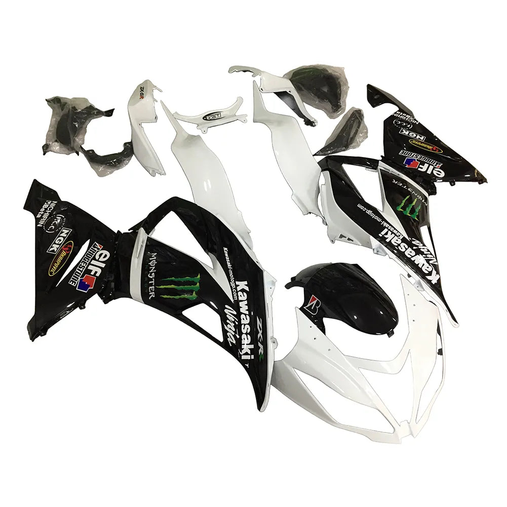 Kawasaki ZX-6R / 636 2013-2018 White, Black, and Green Monster Edition fairing kit left side view