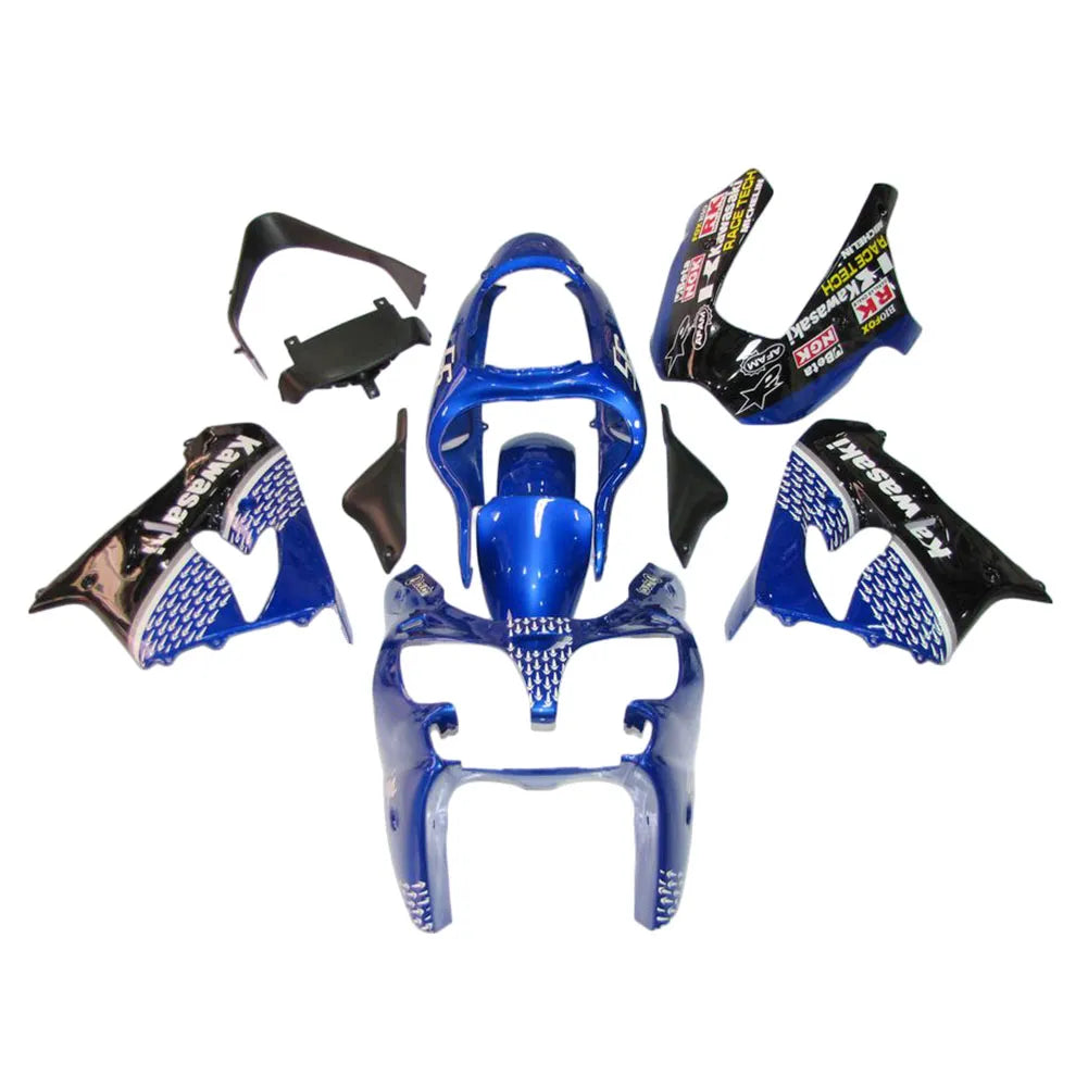Kawasaki ZX-9R 2000-2001 Black Blue White Raindrop full fairing kit component layout with logos