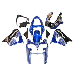 Kawasaki ZX-9R 2000-2001 Black Blue White Raindrop full fairing kit component layout with logos