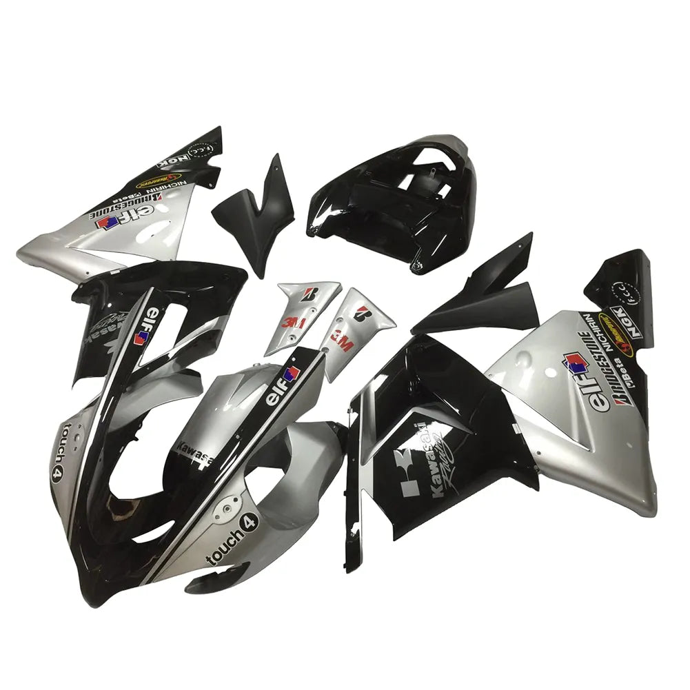 Kawasaki ZX-10R 2004-2005 Silver Black fairing kit side layout with logos-image 2