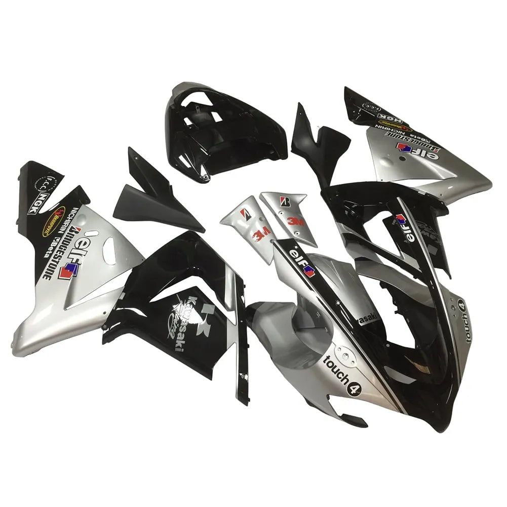 Kawasaki ZX-10R 2004-2005 Silver Black full fairing kit front layout with logos