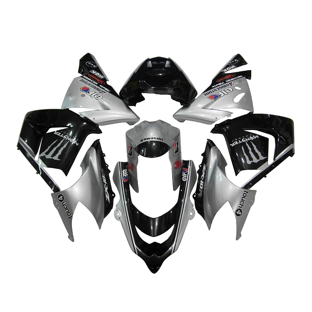 Kawasaki ZX-10R 2004-2005 Silver Black Silver Claw fairing kit side layout with logos-image 1
