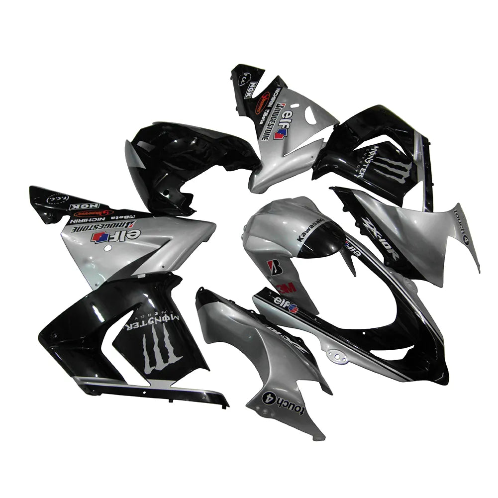 Kawasaki ZX-10R 2004-2005 Silver Black Silver Claw fairing kit side layout with logos-image 2