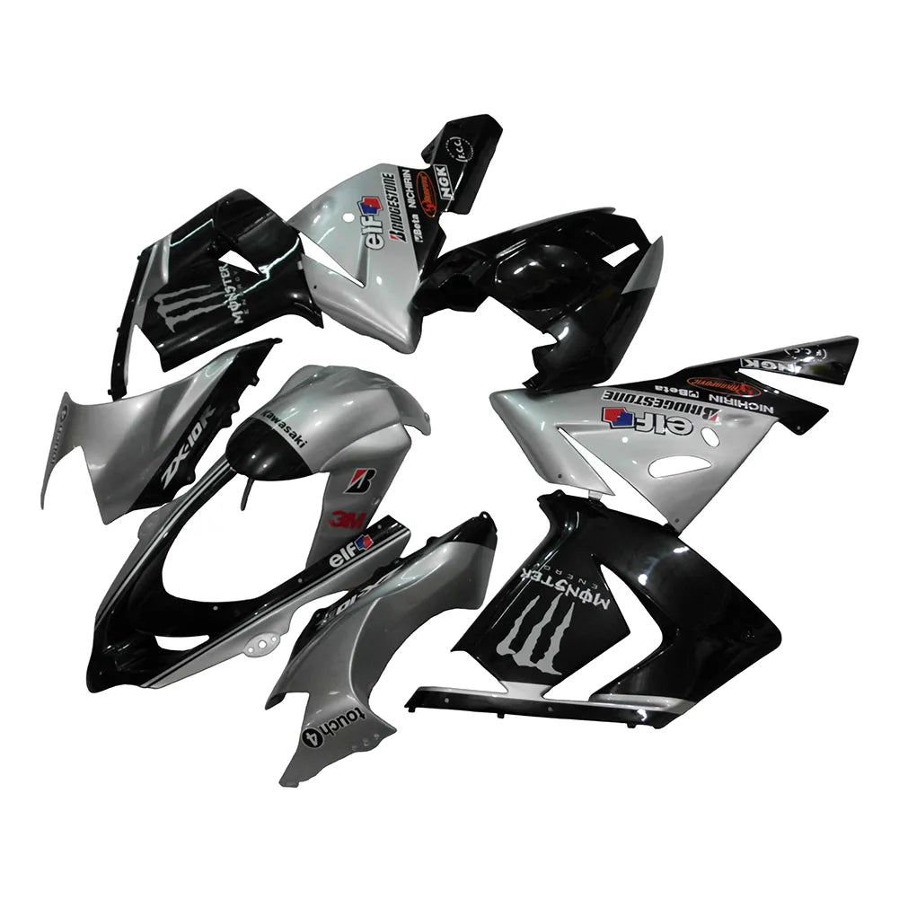 Kawasaki ZX-10R 2004-2005 Silver Black Silver Claw full fairing kit front layout with logos