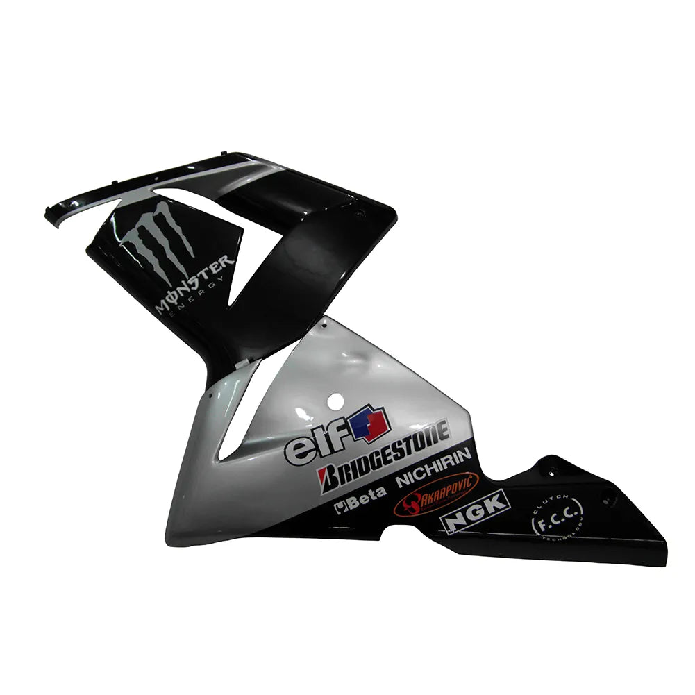 Kawasaki ZX-10R 2004-2005 Silver Black Silver Claw full fairing kit component layout with logos