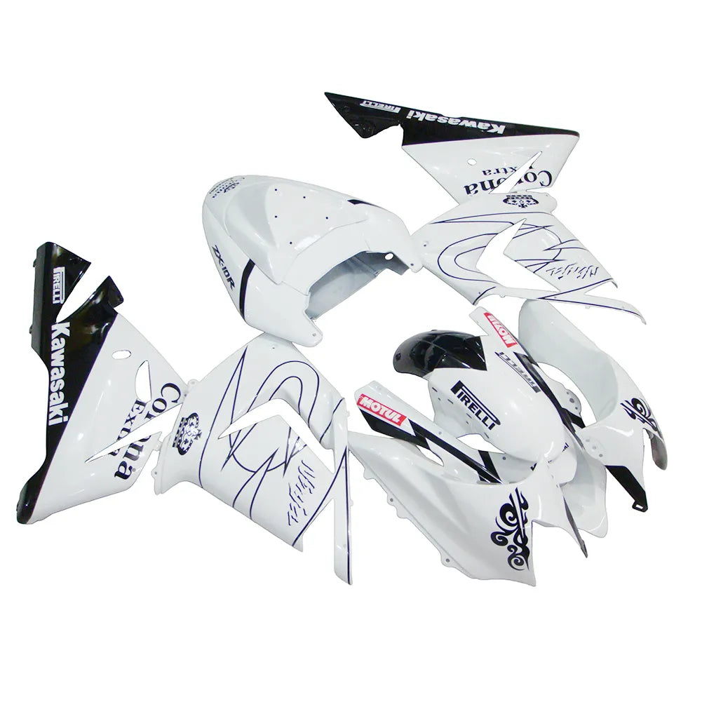 Kawasaki ZX-10R 2004-2005 White Crown fairing kit side layout with logos-image 2