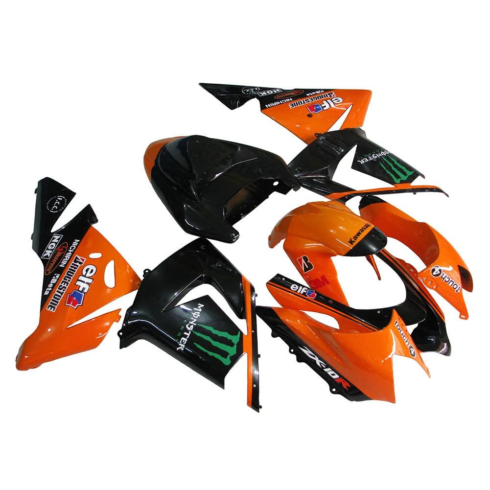 Kawasaki ZX-10R 2004-2005 Orange Black Green Claw Style B full fairing kit front layout with logos