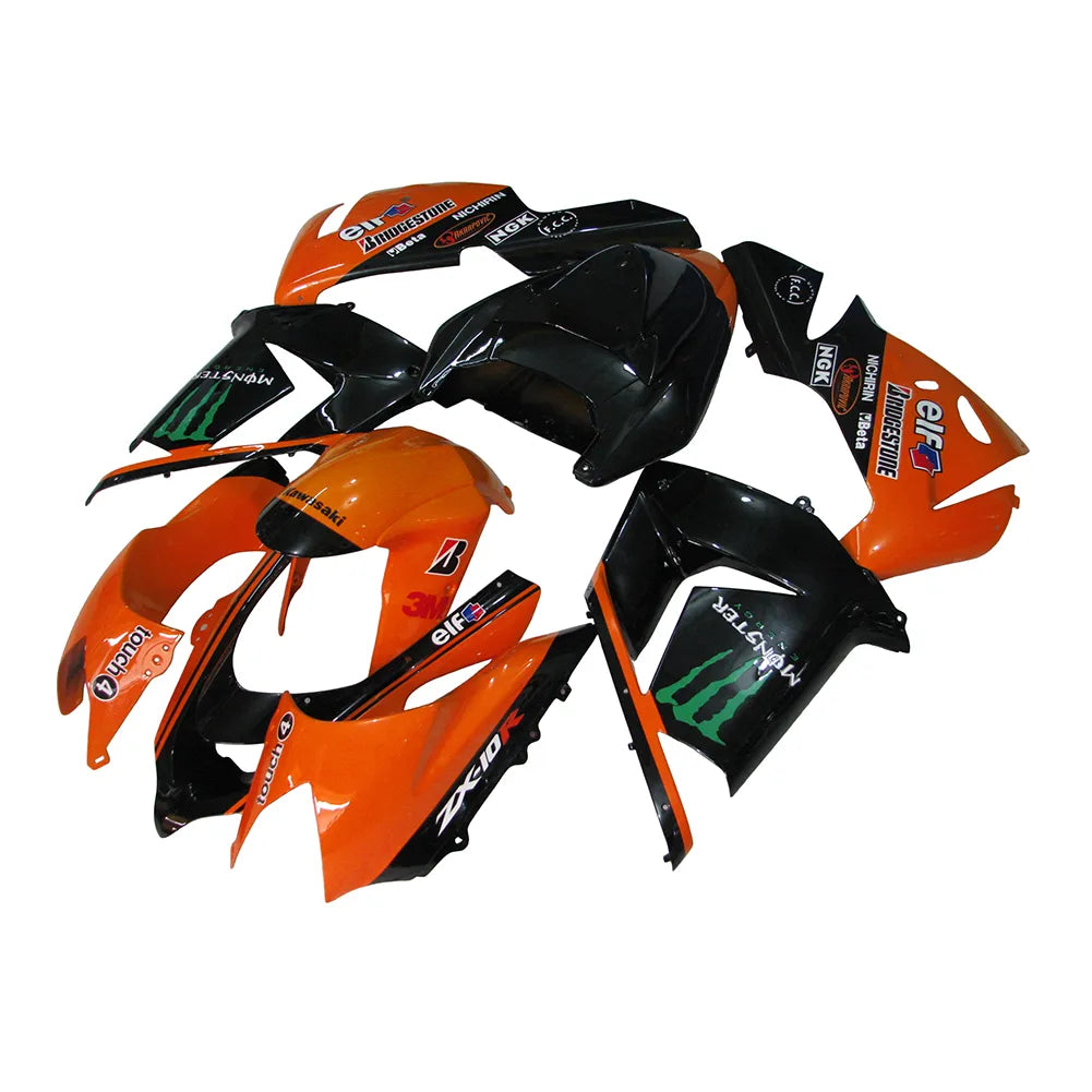 Kawasaki ZX-10R 2004-2005 Orange Black Green Claw Style B fairing kit side layout with logos-image 3