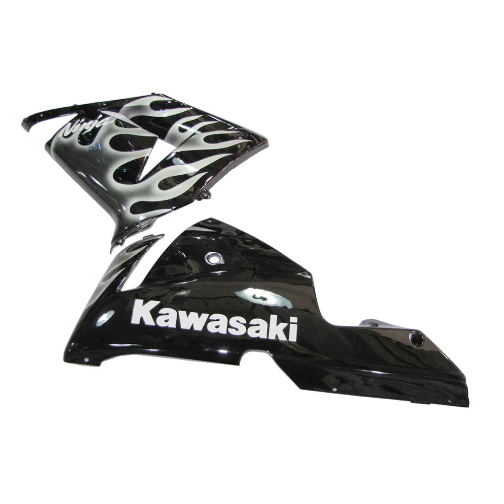 Kawasaki ZX-10R 2004-2005 Black Silver Flame fairing kit side layout with logos-image 2