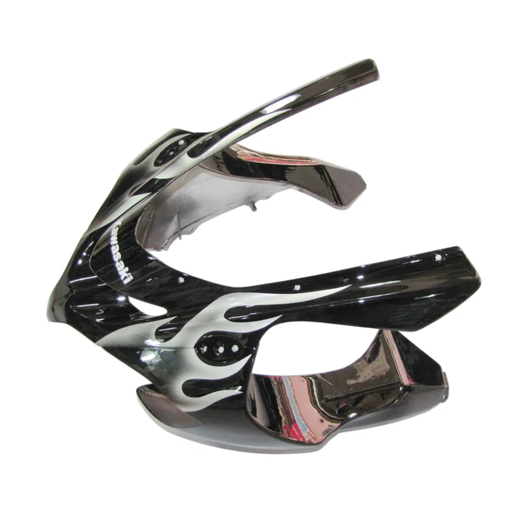Kawasaki ZX-10R 2004-2005 Black Silver Flame full fairing kit component layout with logos
