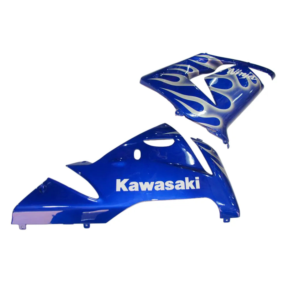 Kawasaki ZX-10R 2004-2005 Blue Silver Flame full fairing kit front layout with logos